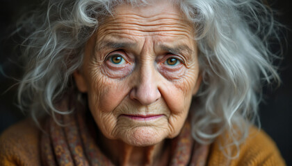 old woman, granny with gray hair, sad facial expression