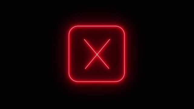 Neon cross mark icon on black background, Neon wrong icon animation