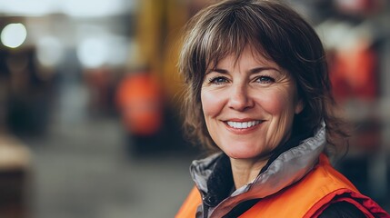 Fototapeta premium Smiling mature woman in orange safety vest.