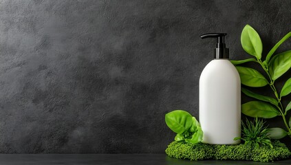 White Shampoo Bottle with Black Pump on Moss, Surrounded by Green Plants and Dark Background