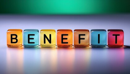 英単語BENEFITの文字が書かれた透明なキューブブロックがライトアップされている。aiで生成