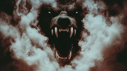 Angry wolf's face emerging from dark smoke.