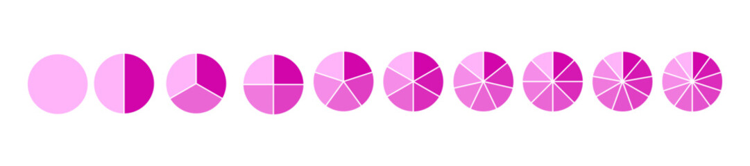 Diagram wheel divided from 1 to 10 parts, Pie chart infographic circle divided into pizza or donut segments, Vector flat icons.