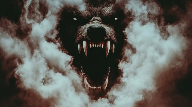 Fototapeta Angry wolf's face emerging from dark smoke.