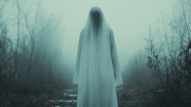 ghostly figure in misty woods evokes eerie emotions