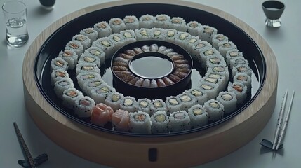 Minimalist sushi platter modern culinary art in top-down restaurant presentation