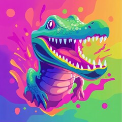Colorful abstract dino illustration in a whimsical playful fantasy scene