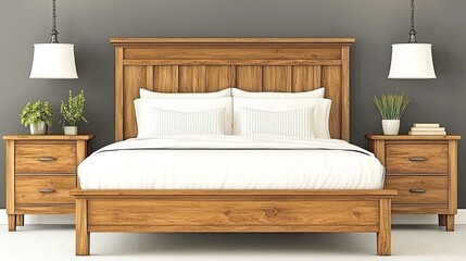 Rustic wooden bed with white bedding, nightstands, and lamps in a minimalist bedroom.