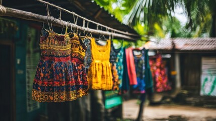 Naklejka premium Colorful dresses hanging on a clothesline outside a tropical hut.