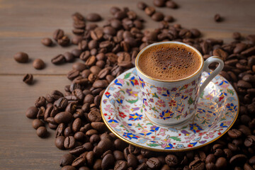 Turkish coffee with delight and traditional copper serving set