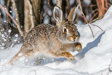 Naklejka premium An exciting perspective of a snowshoe hare darting through deep snow, captured from a low angle as it leaps into the air. The hare powerful legs propel it forward, creating a sense of motion and