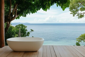 A large white bathtub is sitting on a wooden deck overlooking a body of water. The scene is serene and peaceful, with the bathtub providing a relaxing spot to unwind and enjoy the view