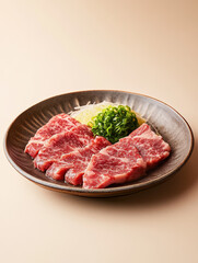 Sliced raw beef on a dark plate, garnished with thinly sliced onions and scallions.  Ready for grilling or cooking.
