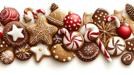 Fototapeta premium Festive Christmas cookies and candy canes border.