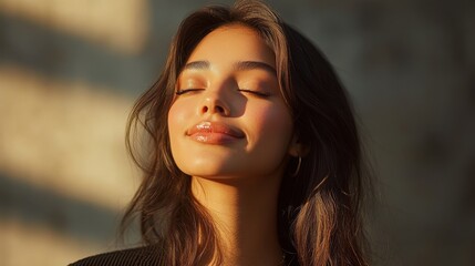 Woman with long brown hair basking in golden sunlight
