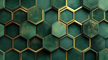 Abstract Emerald Green and Gold Hexagon Pattern Background Texture Design Luxury Geometric Wallpaper