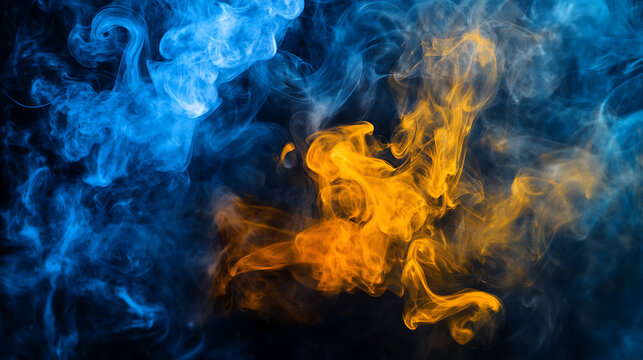 Abstract Smoke Design with Blue and Orange Hues, An eye-catching abstract image featuring swirling blue and orange smoke against a dark background.