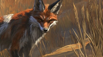 Naklejka premium Red fox in tall grass at sunset, looking directly at the camera.