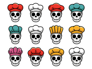 Set of cartoon skulls with chef hats on them. Isolated, on transparent background. PNG