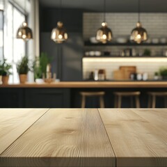 Empty wooden table in front of blurred modern kitchen.