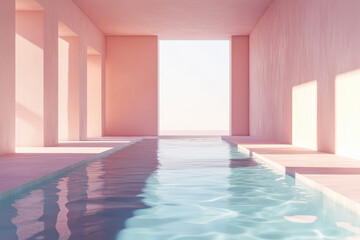 Serene indoor pool in a minimalist pink architectural space. Sunlight streams in, illuminating the calm water.