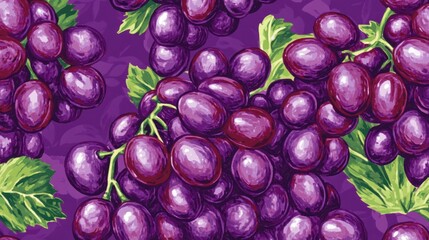Seamless pattern of ripe purple grapes with green leaves on a purple background.
