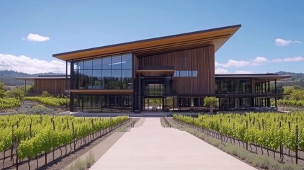 Modern winery building nestled amongst vineyards.