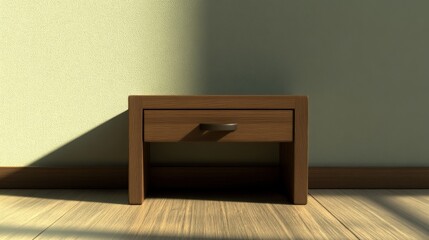 Simple brown wooden bedside table with single drawer against a light green wall.