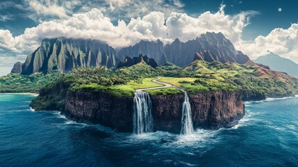 3d illustration of floating road with tropical island. piece of land with waterfall and ocean with beautiful landscape isolated. sea with asphalt road and mountains isolated with clouds. 