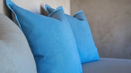 Three blue and beige throw pillows on a couch.