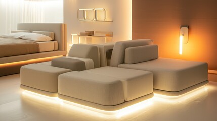 Modular furniture in contemporary designs softly highlighted.