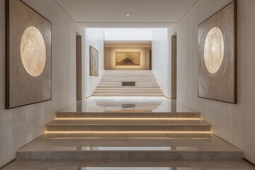 Hallway with marble stairs and modern art on clean walls.