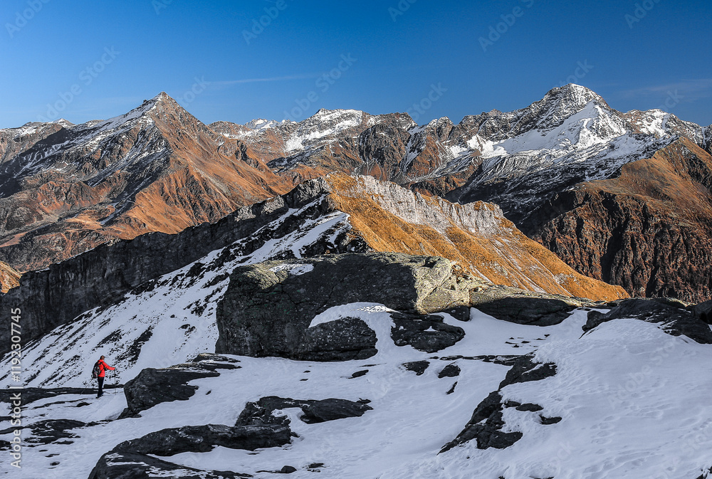 Canvas Prints Hikers in the Central Alps with beautiful panorama, Valchiavenna, Italy