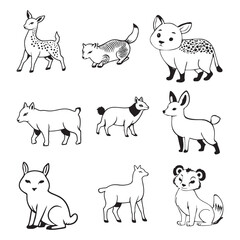 
Black and white cute animal kids collection, sketch line art design, Adorable animal, domestic animal set silhouette vector, wild animal illustration.
