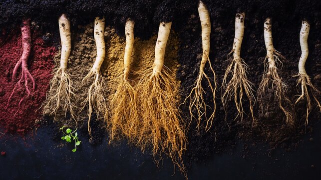 Vibrant scene of roots root hairs absorbing nutrients from diverse soil types