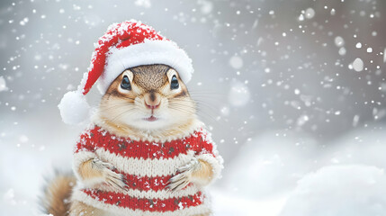 Adorable chipmunk in a Santa hat and striped sweater standing in the snow during a Christmas snowstorm. Generative AI