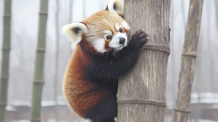 Fototapeta premium Red panda climbing bamboo, snowy forest habitat, wildlife conservation
