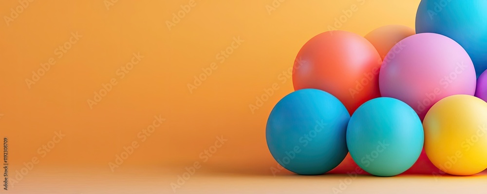 Wall mural symmetry gradient idea. colorful spherical objects arranged playfully on a vibrant orange background