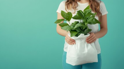 Plastic free Ecological poster. Say NO to plastic and polyethylene bags. Ban plastic pollution. Biodegradable bag, made with green sprout and leaves. Zero waste and Sustainable lifestyle. Think Green.