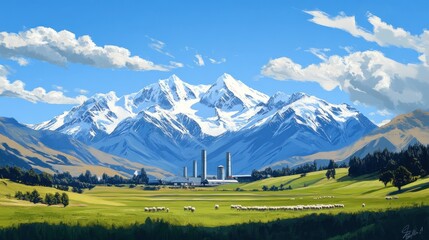 Scenic view of snow-capped mountains, green valley, sheep, and industrial complex under a bright blue sky with fluffy clouds.