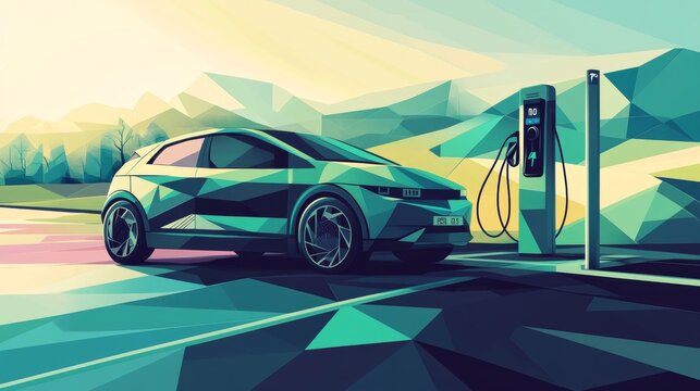 Electric Car Power Supply charging on charge station electro mobility environment. Eco transport and green world concept. Polygonal wireframe Vector illustration. Headline