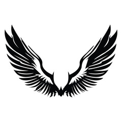 Black Silhouette of Spread Wings with Intricate Feathery Design on White Background