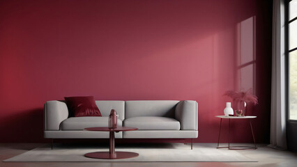 A gradient starting from deep ruby red transitioning smoothly into soft crimson and fading into muted burgundy for a rich, luxurious effect. Interior, living room, sofa