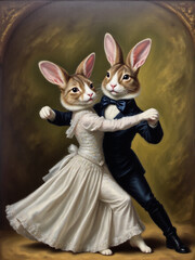 A whimsical portrait of two elegant rabbits dancing together, showcasing their anthropomorphic features dressed in formal attire.