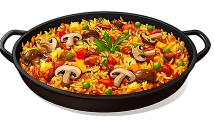 Delicious and colorful vegetable paella served in a black pan, perfect for food blogs, cookbooks, and restaurant menus.