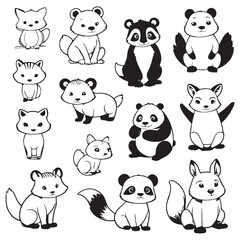 
Black and white cute animal kids collection, sketch line art design, Adorable animal, domestic animal set silhouette vector, wild animal illustration.