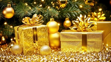 Gold Christmas gifts under tree with ornaments.