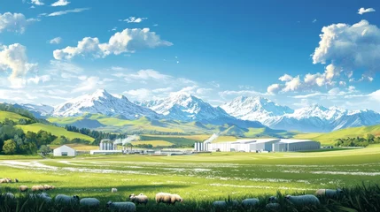Selbstklebende Fototapeten Idyllic green valley with factory nestled amongst snow-capped mountains and grazing sheep under a sunny sky. © Nurul