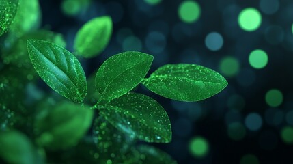 Close-up of Green Leaves with Sparkling Glitter on Dark Background