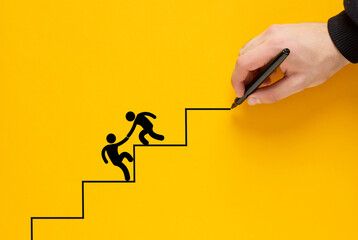 Hand drawing staircase helping businessman climb to success